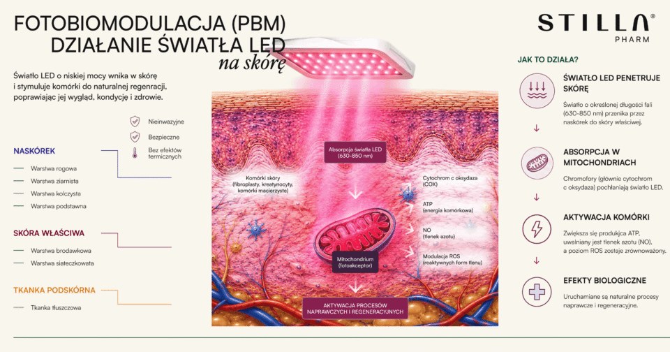 Infografika: fotobiomodulacja (PBM) — działanie światła LED na skórę